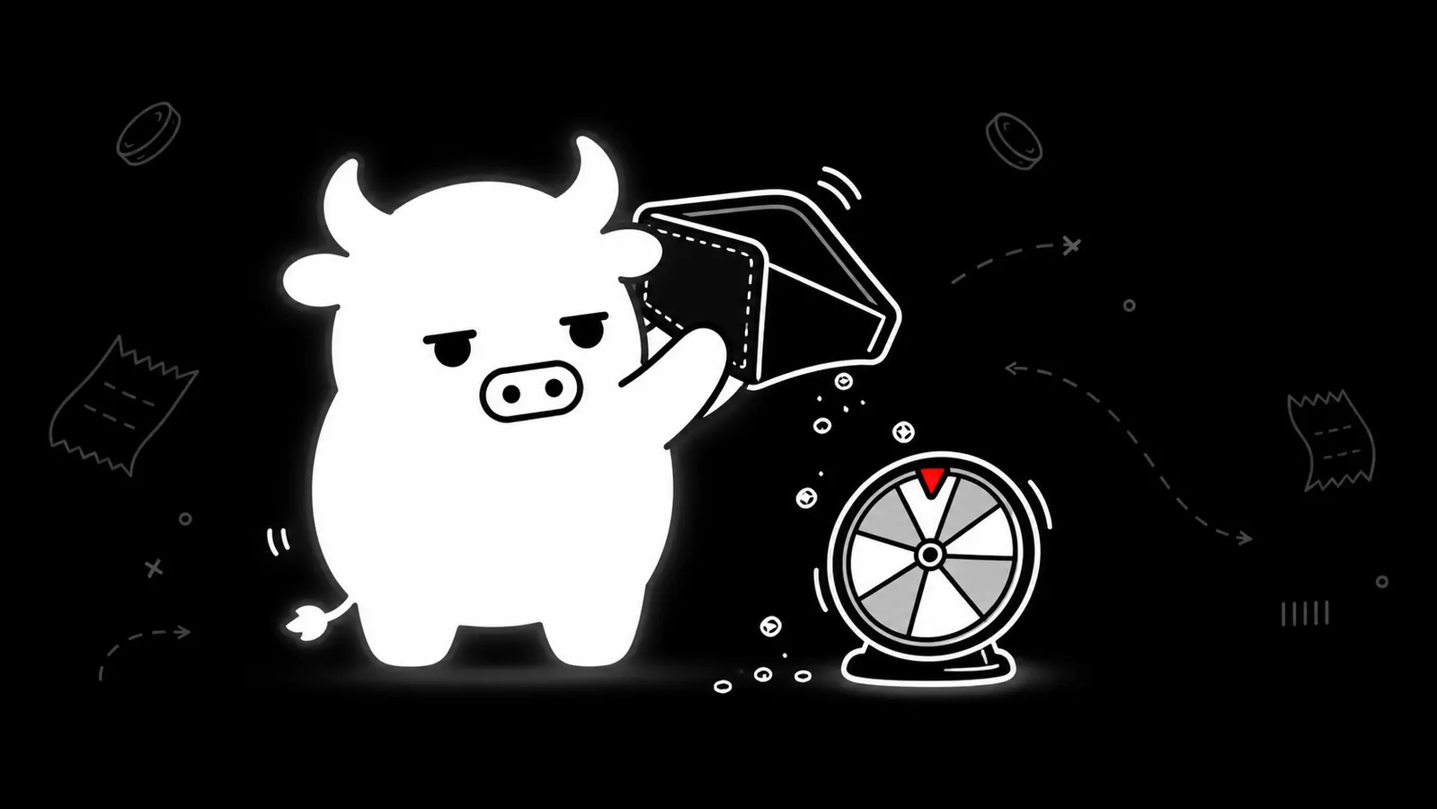 Beggy Bull shaking an empty wallet near a crumb wheel