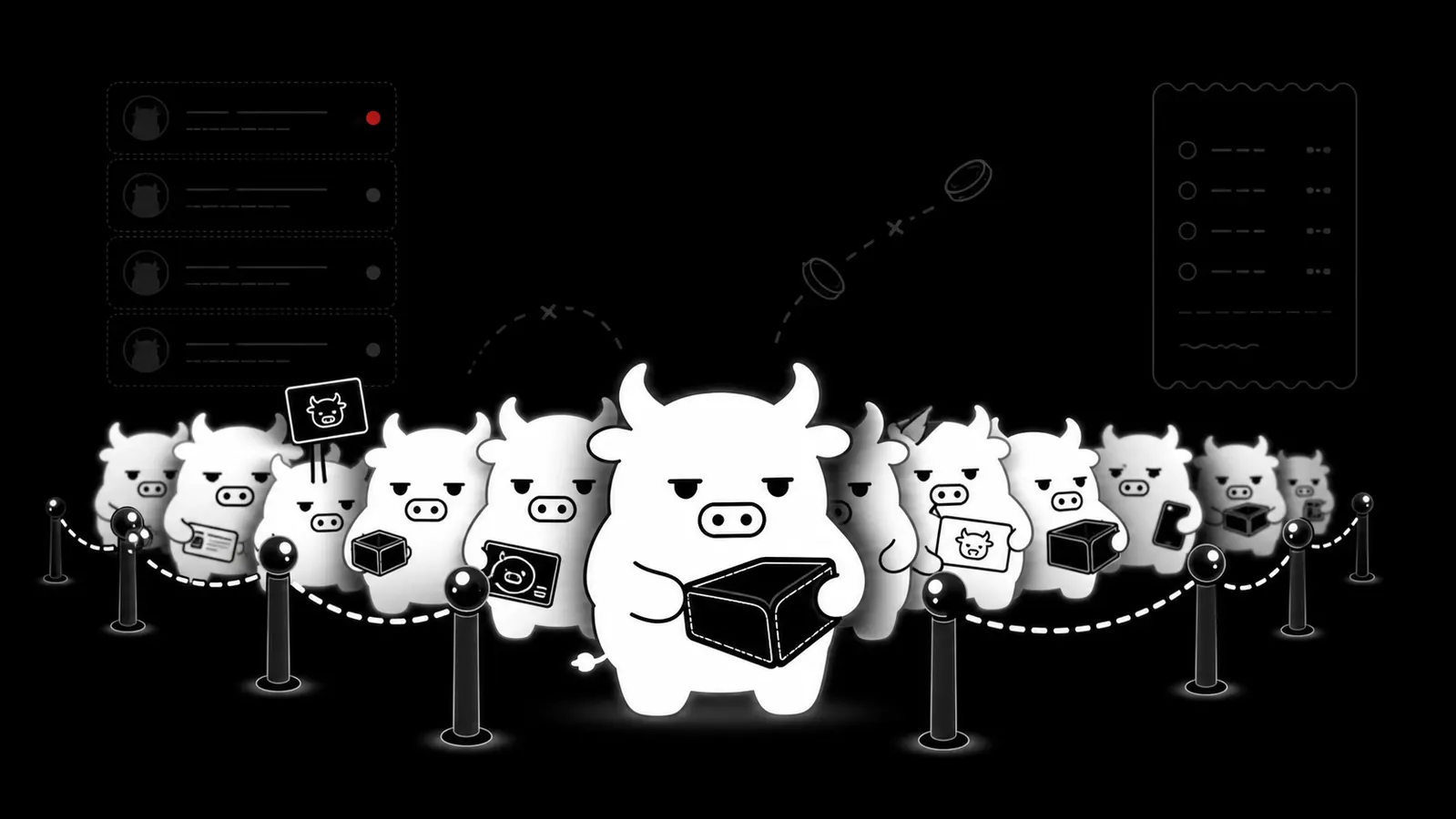 A line of Beggy Bull small holders holding empty wallets