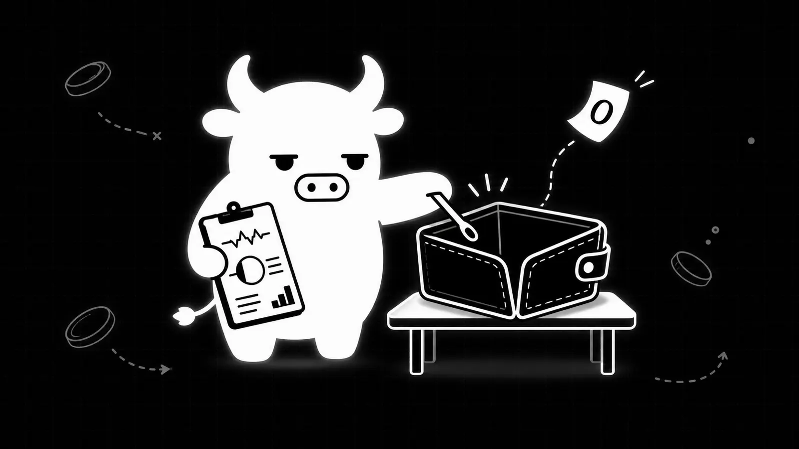 Beggy Bull inspecting an empty wallet like a wallet autopsy